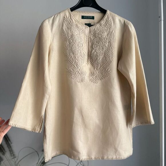 Lauren Ralph Lauren Petite Embroidered Small 100% Linen Blouse Beige - Picture 1 of 6